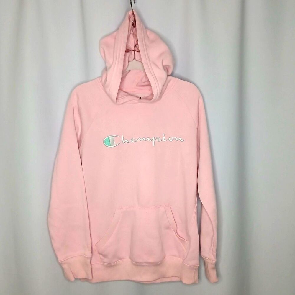 Champion Fleece Hoodie Pullover Sweatshirt Logo Athletic Pink Girls Youth Med